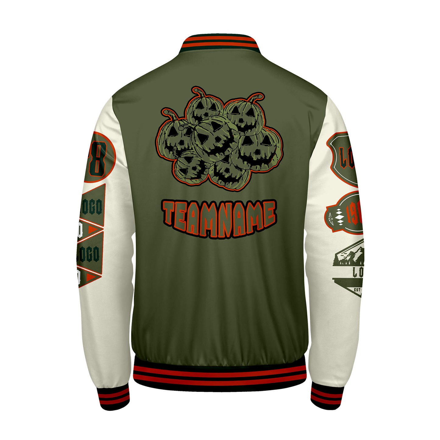 Maßgeschneiderte Olivengrün Weiß Letterman Varsity Jacket Individuelle Stickerei  Druck nach Ihrem Wunsch