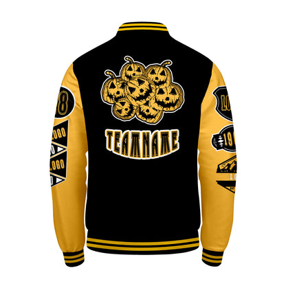 Maßgeschneiderte Schwarz Gelb Letterman Varsity Jacket Individuelle Stickerei  Druck nach Ihrem Wunsch