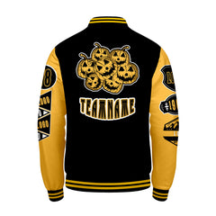 Maßgeschneiderte Schwarz Gelb Letterman Varsity Jacket Individuelle Stickerei  Druck nach Ihrem Wunsch