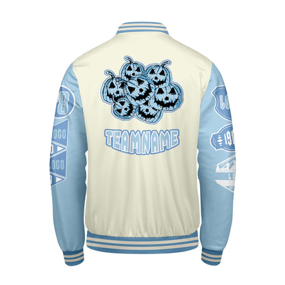 Maßgeschneiderte Weiß Löwenblau Letterman Varsity Jacket Individuelle Stickerei  Druck nach Ihrem Wunsch