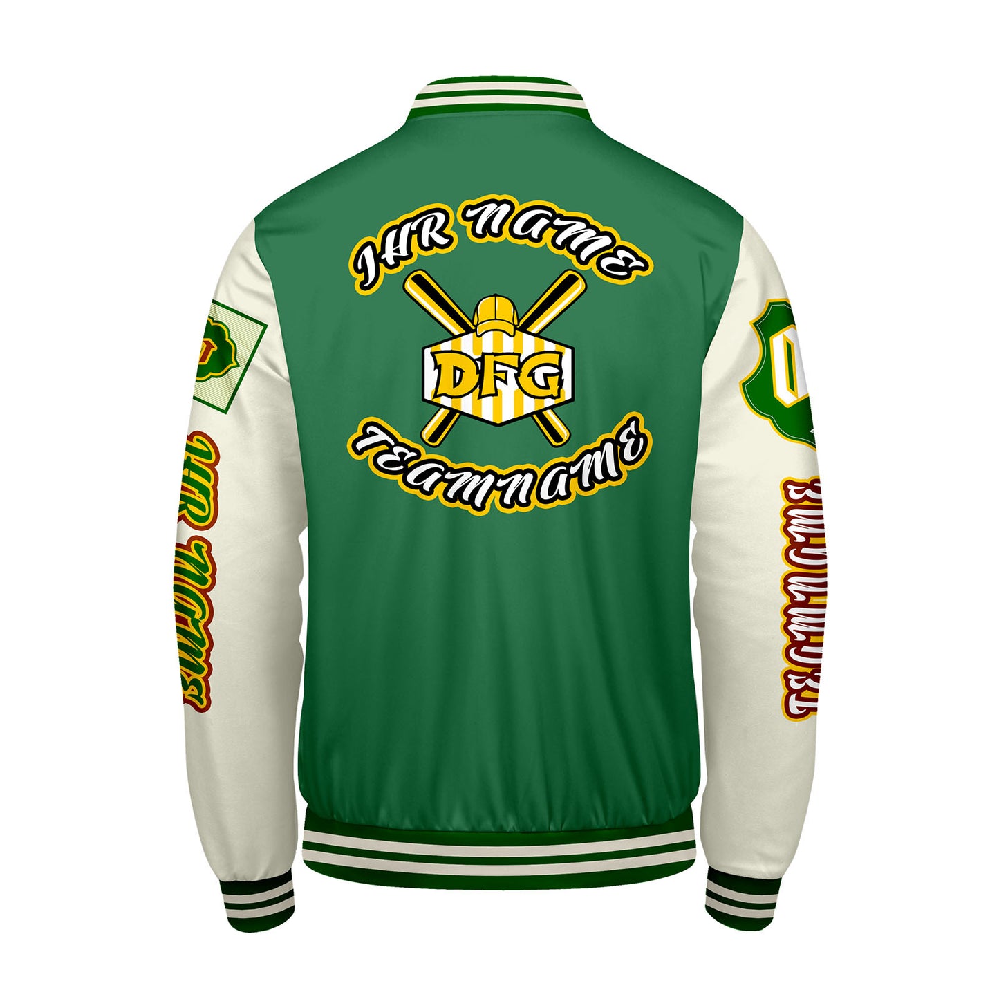 Maßgeschneiderte Grün Weiß Letterman Varsity Jacket Individuelle Stickerei  Druck nach Ihrem Wunsch
