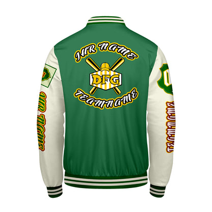 Maßgeschneiderte Grün Weiß Letterman Varsity Jacket Individuelle Stickerei  Druck nach Ihrem Wunsch