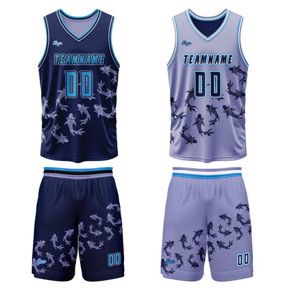 Benutzerdefinierte Blau Lila Reversible Basketball Jersey Personalisierte Print Name Nummer Logo