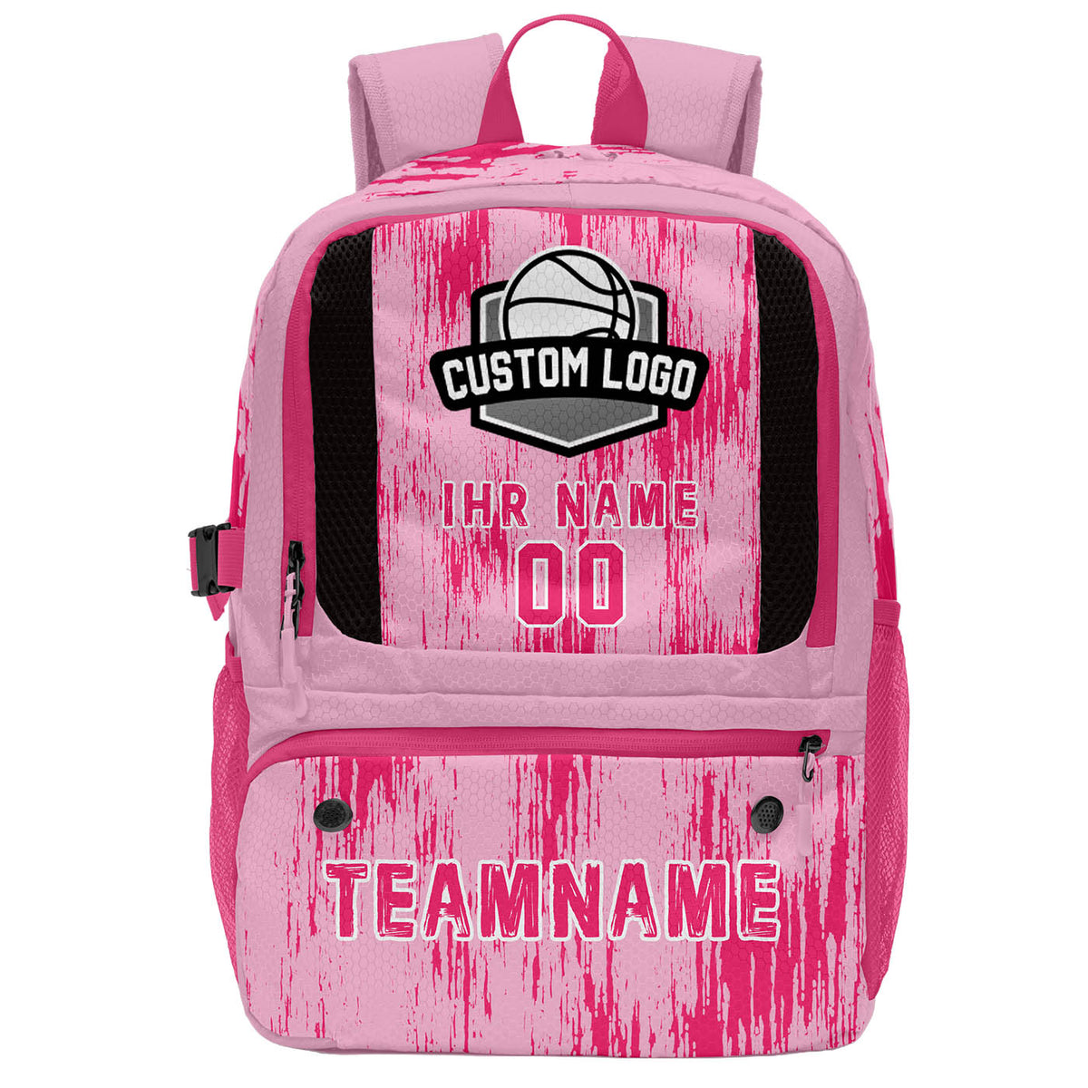 Personalisierter Basketball - und Fußballrucksack in Rosa & Rosa und Weiß mit Spielernamen & Nummern und Teamlogo #BP-0919-0029