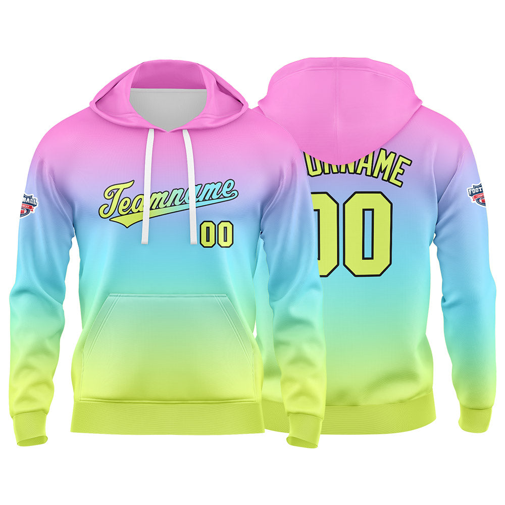 Benutzerdefinierter Verlauf Hoodie für Mann, Frau, Mädchen, Junge. Drucken Sie Ihr Logo, Ihren Namen und Ihre Nummer Pink  Blue  Yellow