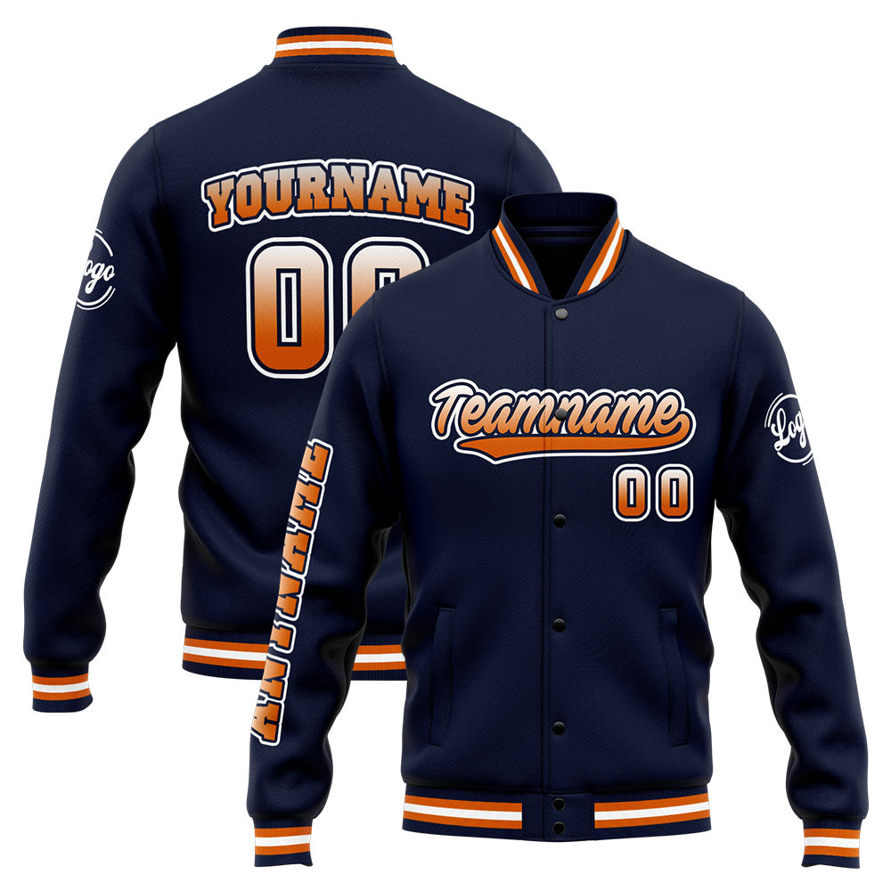 Benutzerdefinierte Varsity-Jacke. Letterman-Jacke für Männer, Frauen und Jugendliche Marine Orange