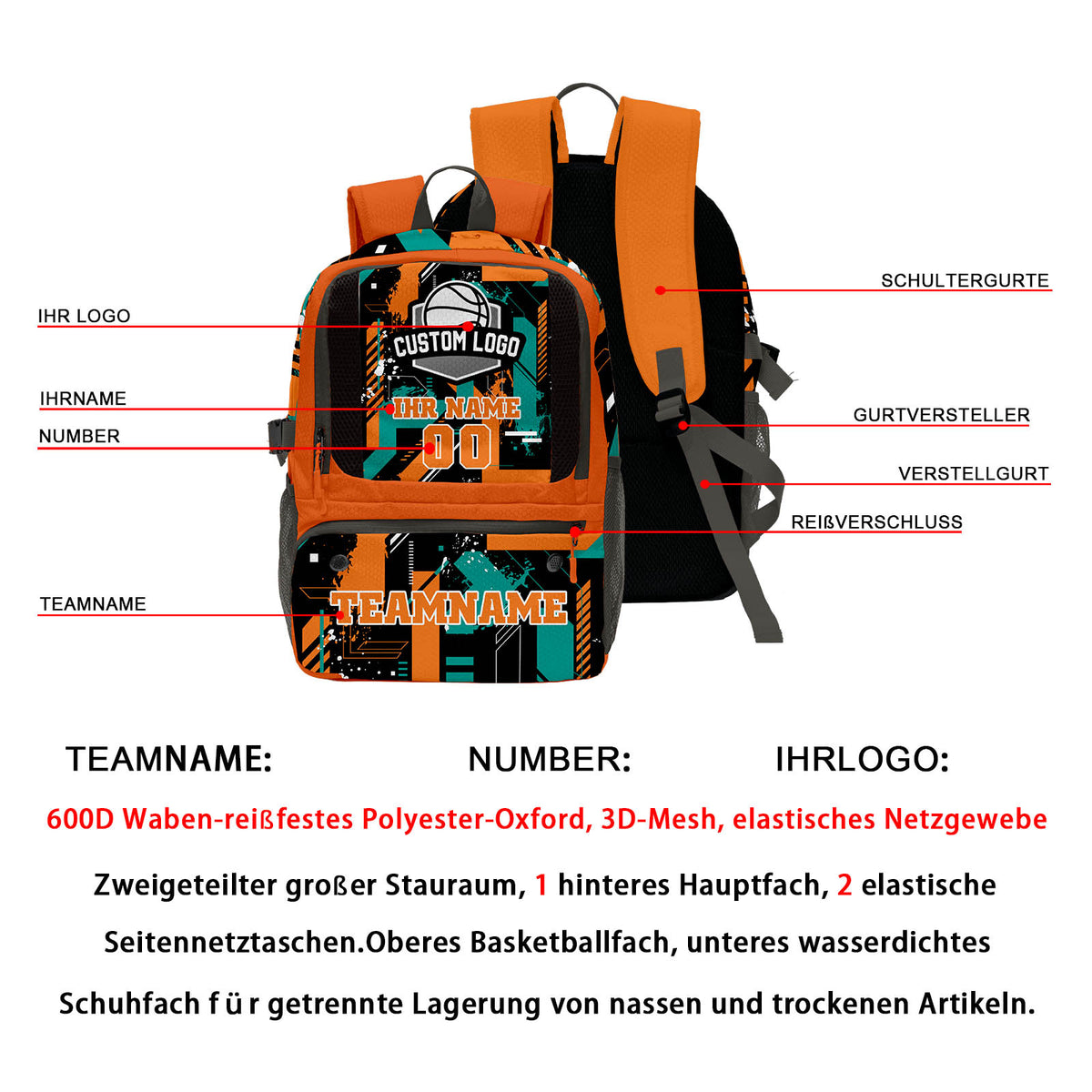 Personalisierter Basketball - und Fußballrucksack in Orange & Schwarz und Cyan mit Spielernamen & Nummern und Teamlogo #BP-0919-0024