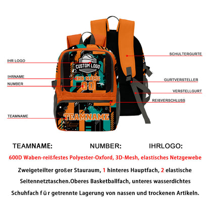Personalisierter Basketball - und Fußballrucksack in Orange & Schwarz und Cyan mit Spielernamen & Nummern und Teamlogo #BP-0919-0024