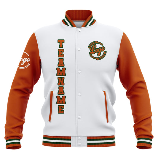 Benutzerdefiniert Weiß Orange Wasserdichte Varsity Jacken Personalisiert genäht Name Nummer Logo zu Letterman Jacken