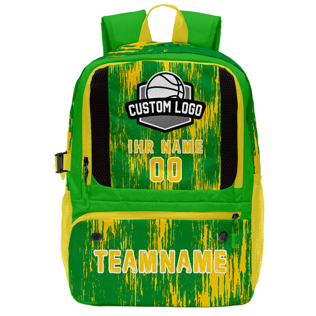 Individuell gestalteter Basketball - und Fußballrucksack in Grasgrün & Zitronengelb & personalisiert mit Spielernamen & Nummern und Teamlogo #BP-0919-0015