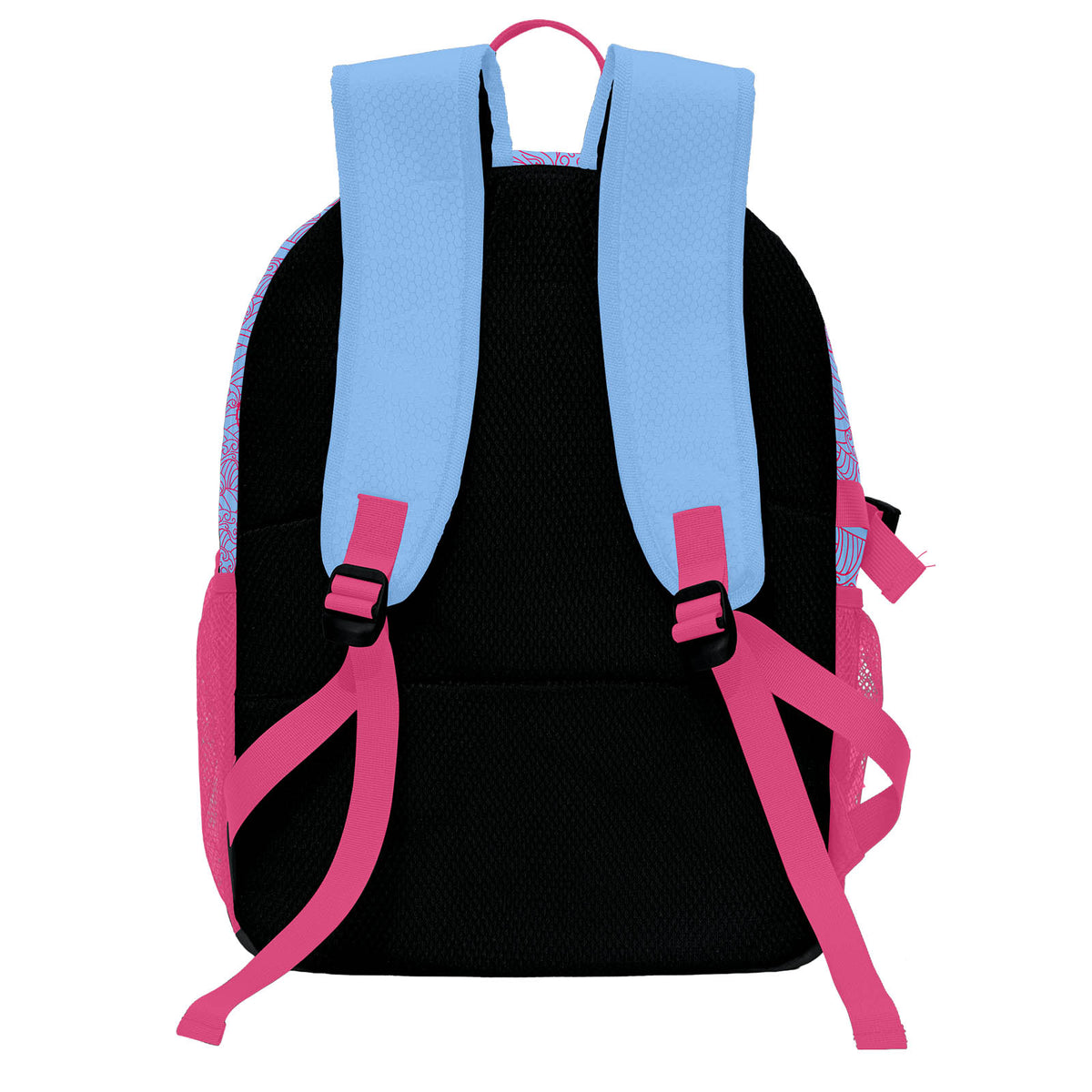 Personalisierter Basketball - und Fußballrucksack in Blau & Rosa und Rot mit Spielernamen & Nummern und Teamlogo #BP-0919-0006