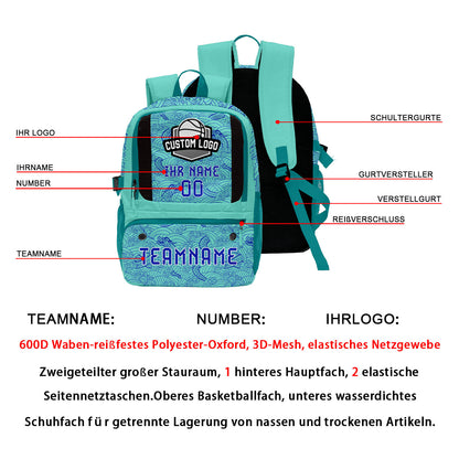 Personalisierter Basketball - und Fußballrucksack in Cyanblau mit Spielernamen & Nummern und Teamlogo #BP-0919-0012