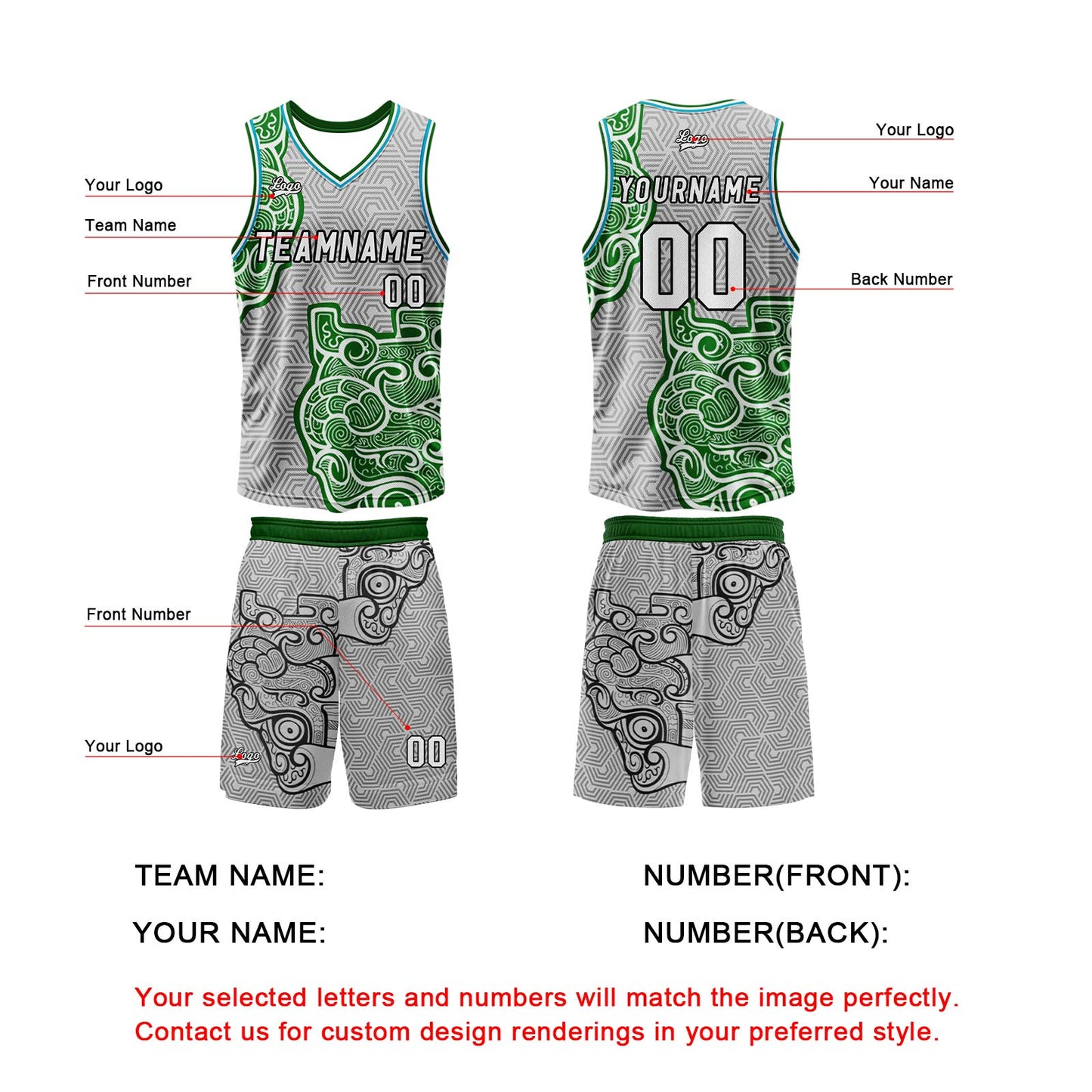 Benutzerdefinierter Grau Grün Basketball Jersey Uniform Anzug gedruckt Ihr Logo Name Nummer