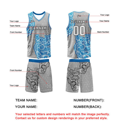 Benutzerdefinierter Grau Blau Basketball Jersey Uniform Anzug gedruckt Ihr Logo Name Nummer