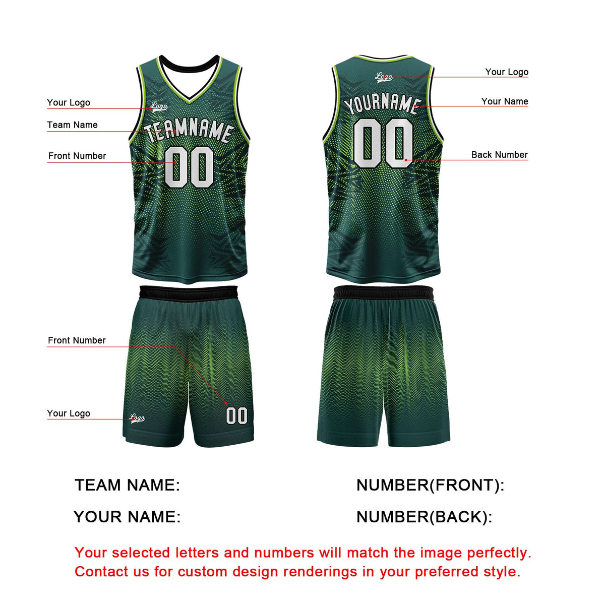 Benutzerdefinierter  Grün Basketball Jersey Uniform Anzug gedruckt Ihr Logo Name Nummer