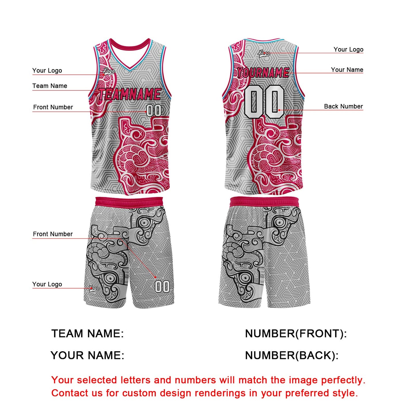 Benutzerdefinierter Grau Rosa Basketball Jersey Uniform Anzug gedruckt Ihr Logo Name Nummer