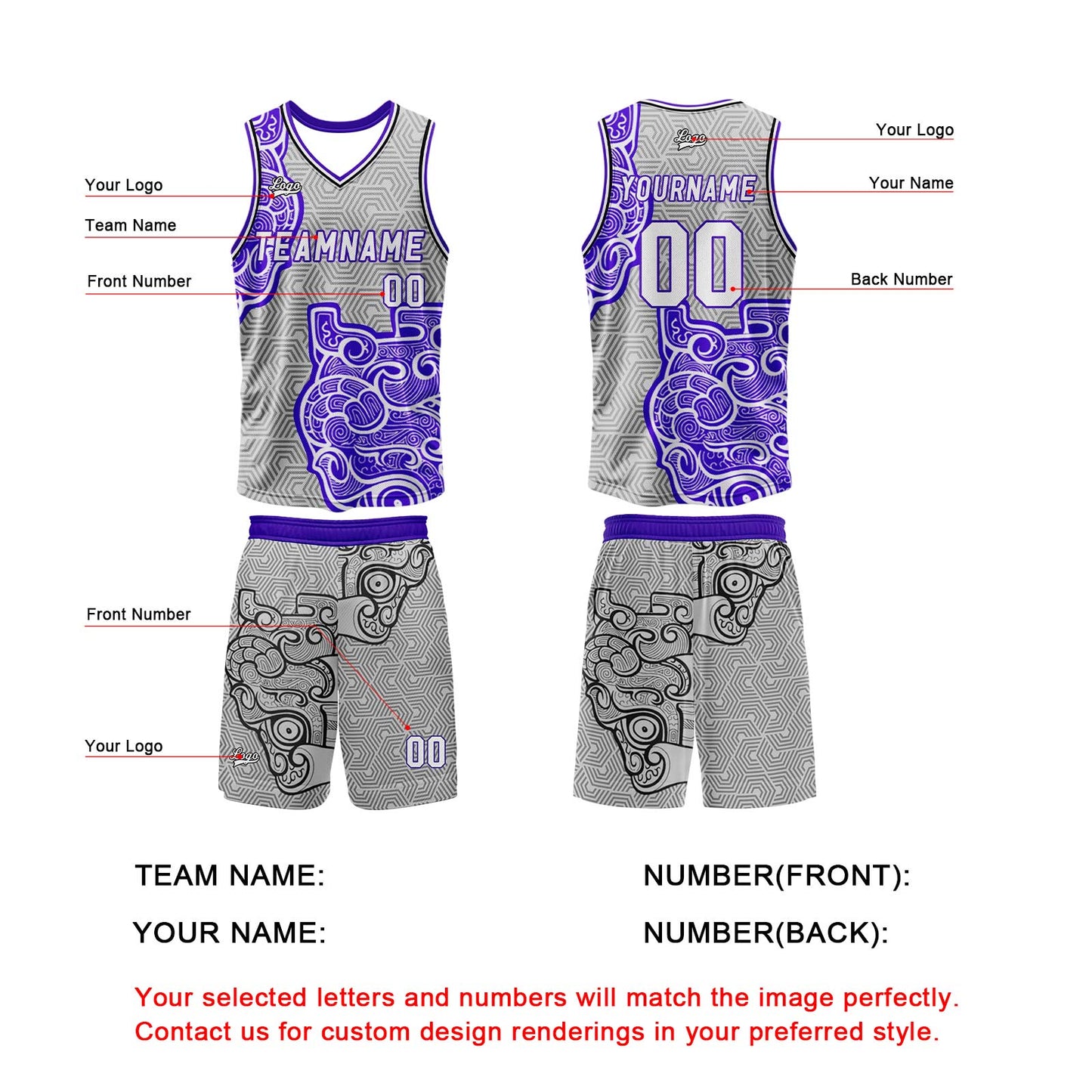 Benutzerdefinierter Grau Lila Basketball Jersey Uniform Anzug gedruckt Ihr Logo Name Nummer