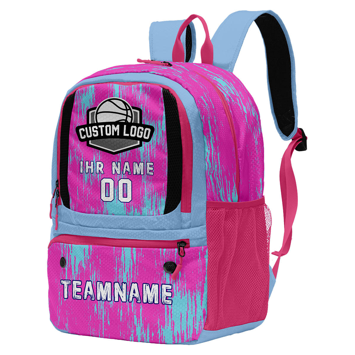 Personalisierter Basketball - und Fußballrucksack in Rosa & Hellblau mit Spielernamen & Nummern und Teamlogo #BP-0919-0035