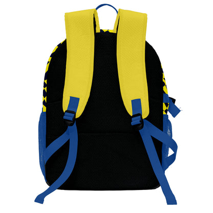 Personalisierter & zitronengelber Basketball - und Fußballrucksack mit verstecktem blauen Logo & Spielernamen & Nummern und Teamlogo #BP-0919-0018