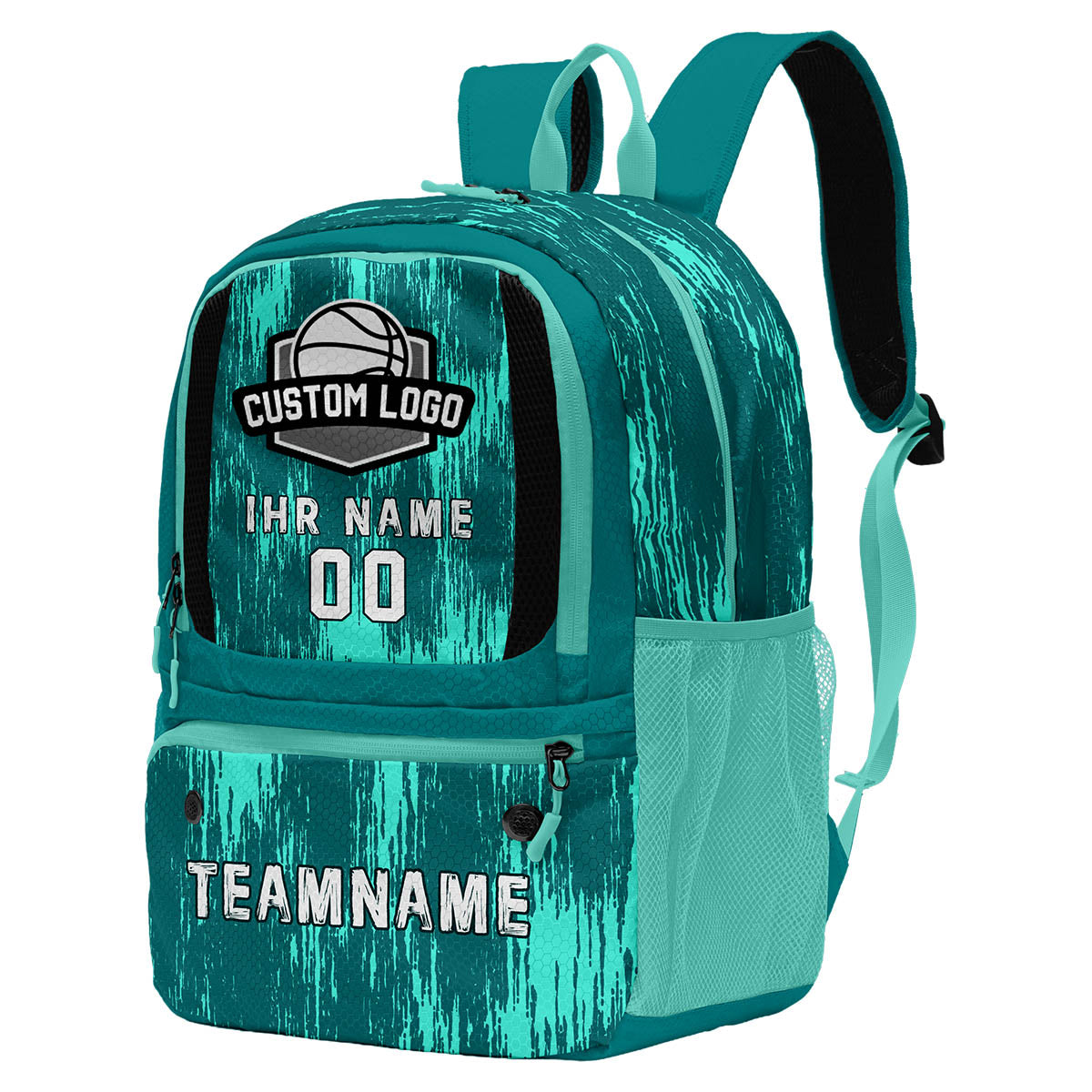 Personalisierter Basketball - und Fußballrucksack in Cyanblau mit Spielernamen & Nummern und Teamlogo #BP-0919-0010