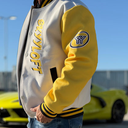 Benutzerdefinierte Verlauf Varsity-Jacke. Letterman-Jacke Blaugelb