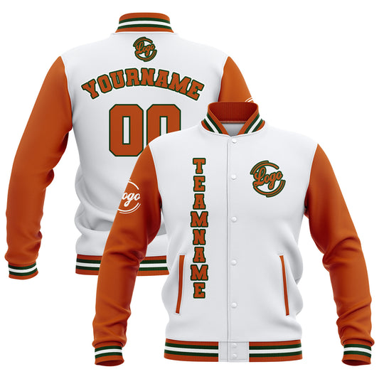 Benutzerdefiniert Weiß Orange Wasserdichte Varsity Jacken Personalisiert genäht Name Nummer Logo zu Letterman Jacken