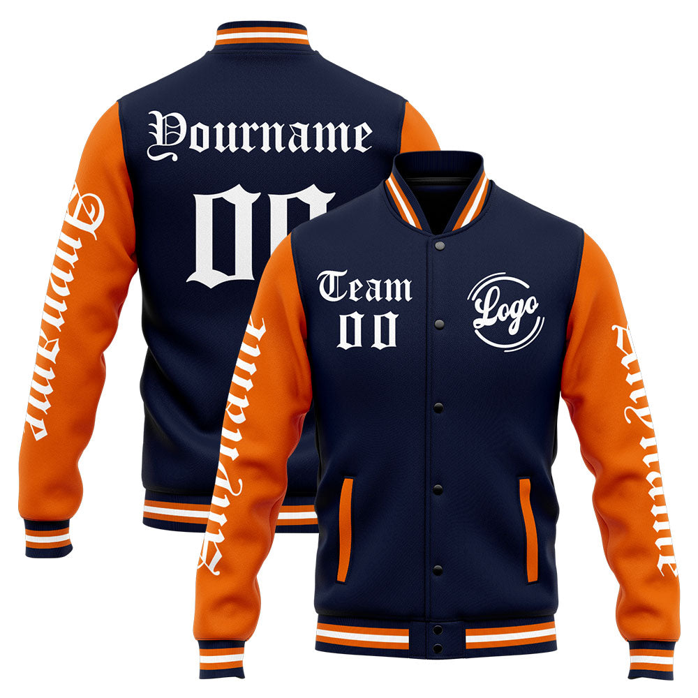 Benutzerdefinierte Varsity-Jacke. Letterman-Jacke für Männer, Frauen und Jugendliche Marine Orange