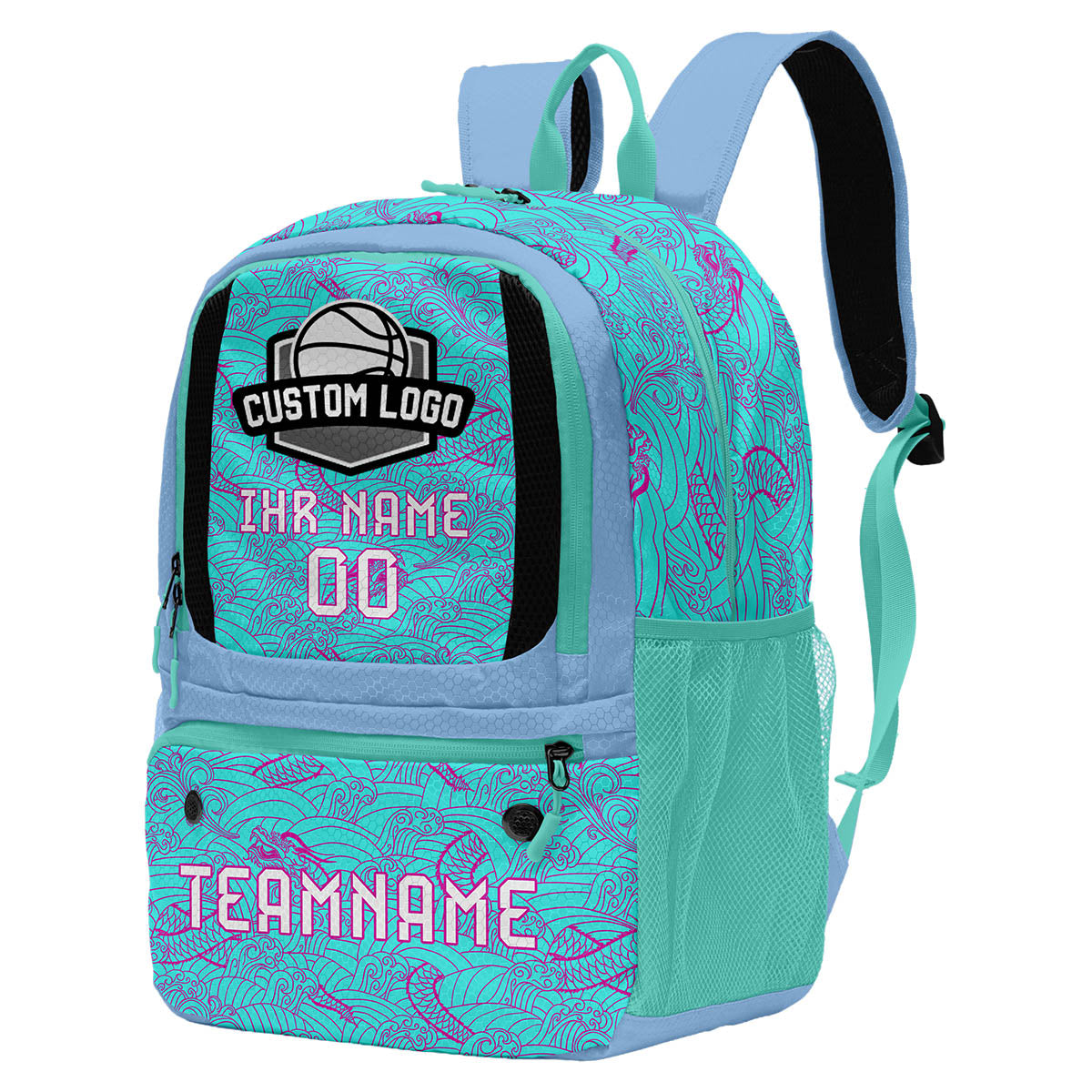 Personalisierter Basketball - und Fußballrucksack in Cyan & Lila und Blau mit Spielernamen & Nummern und Teamlogo #BP-0919-0013