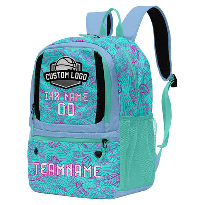 Personalisierter Basketball - und Fußballrucksack in Cyan & Lila und Blau mit Spielernamen & Nummern und Teamlogo #BP-0919-0013