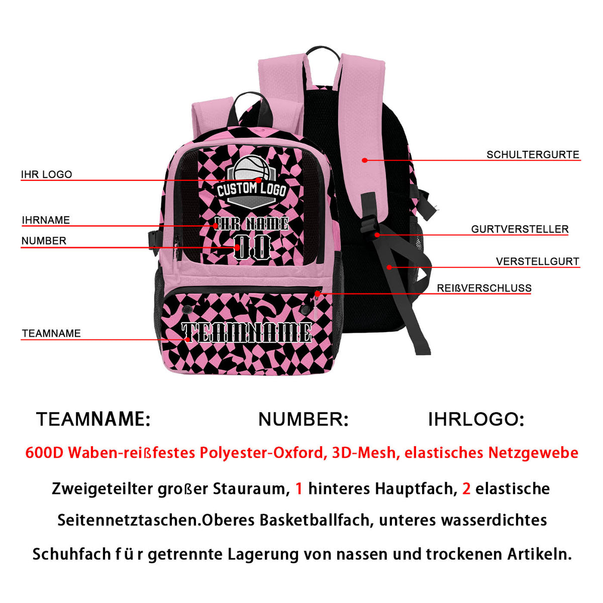 Personalisierter Basketball - und Fußballrucksack in Pink und Schwarz mit Spielernamen & Nummern und Teamlogo #BP-0919-0027