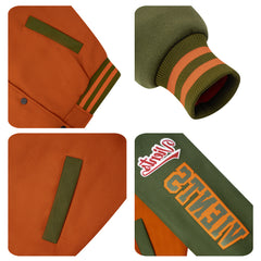 Maßgeschneiderte Orange Olivengrün Letterman Varsity Jacket Individuelle Stickerei Druck nach Ihrem Wunsch