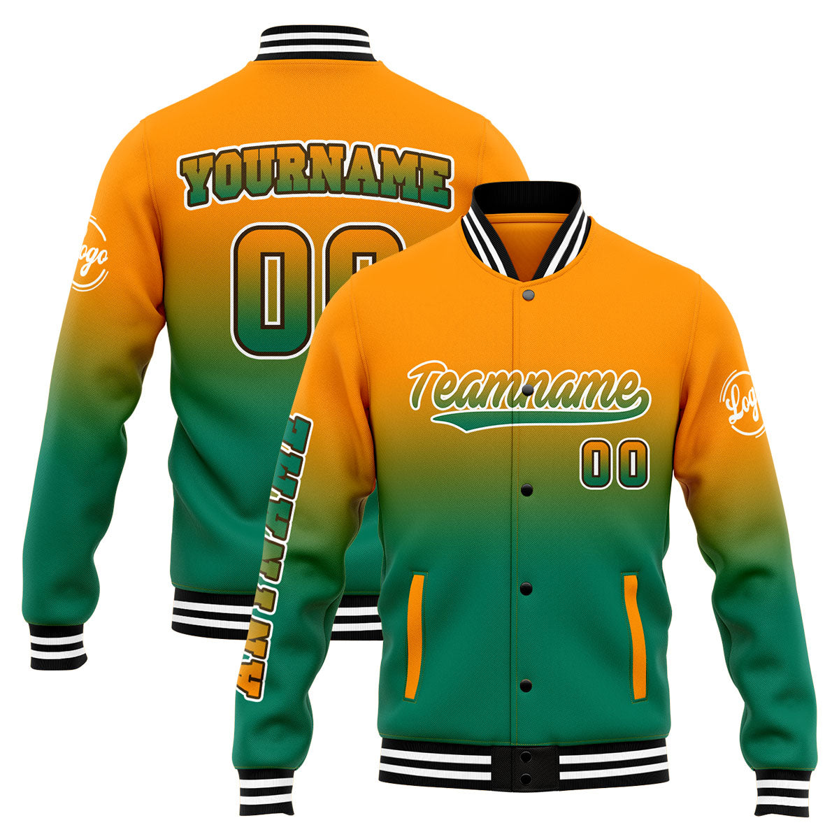 Benutzerdefinierte Verlauf Varsity-Jacke. Letterman-Jacke Orange Grün