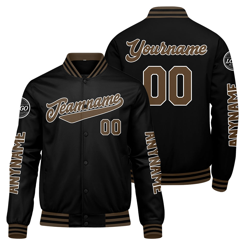 Maßgeschneiderte Schwarz Braun Letterman Varsity Jacket Individuelle Stickerei Druck nach Ihrem Wunsch