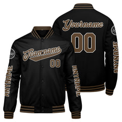 Maßgeschneiderte Schwarz Braun Letterman Varsity Jacket Individuelle Stickerei Druck nach Ihrem Wunsch