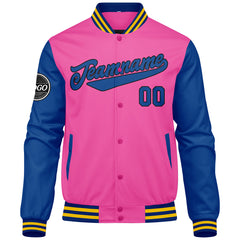 Benutzerdefinierte Verlauf Varsity-Jacke. Letterman-Jacke Dunkelgrün Rosa  Royal Gelb