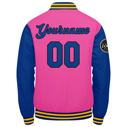 Benutzerdefinierte Verlauf Varsity-Jacke. Letterman-Jacke Dunkelgrün Rosa  Royal Gelb