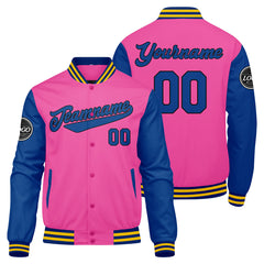 Benutzerdefinierte Verlauf Varsity-Jacke. Letterman-Jacke Dunkelgrün Rosa  Royal Gelb