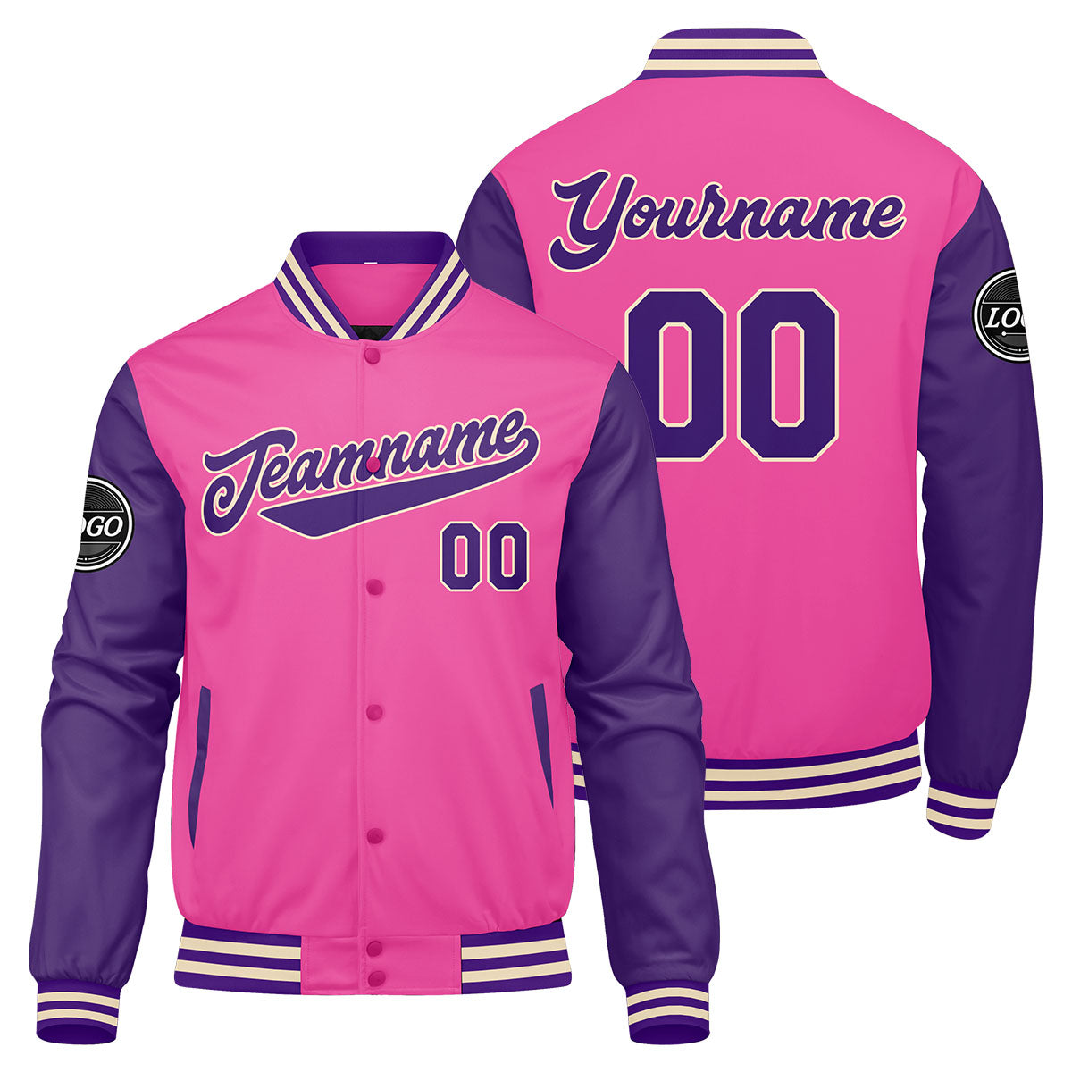 Benutzerdefinierte Verlauf Varsity-Jacke. Letterman-Jacke Dunkelgrün Rosa  Lila