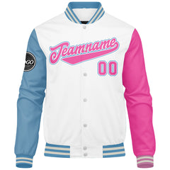 Benutzerdefinierte Verlauf Varsity-Jacke. Letterman-Jacke Weiß Hellblau Rosa