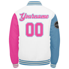 Benutzerdefinierte Verlauf Varsity-Jacke. Letterman-Jacke Weiß Hellblau Rosa