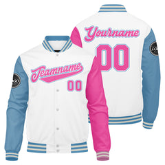 Benutzerdefinierte Verlauf Varsity-Jacke. Letterman-Jacke Weiß Hellblau Rosa