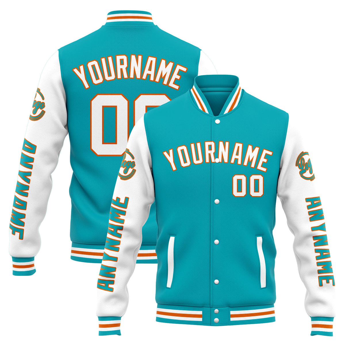Benutzerdefinierte Varsity-Jacke. Letterman-Jacke für Männer, Frauen und Jugendliche Teal Weiß