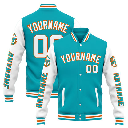Benutzerdefinierte Varsity-Jacke. Letterman-Jacke für Männer, Frauen und Jugendliche Teal Weiß