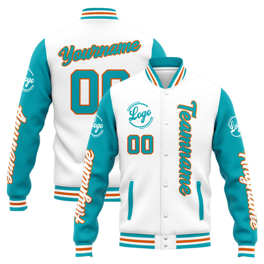 Benutzerdefinierte Varsity-Jacke. Letterman-Jacke für Männer, Frauen und Jugendliche Weiß Teal