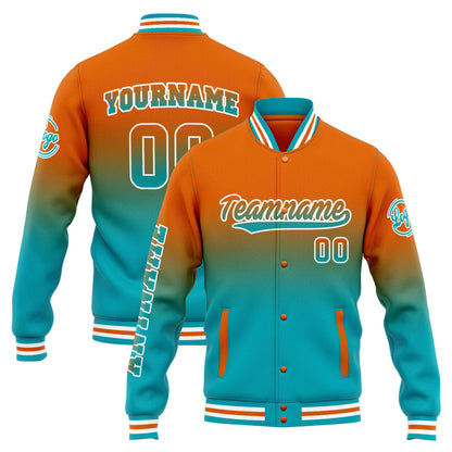 Benutzerdefinierte Varsity-Jacke. Letterman-Jacke für Männer, Frauen und Jugendliche Orange Teal  Verlauf