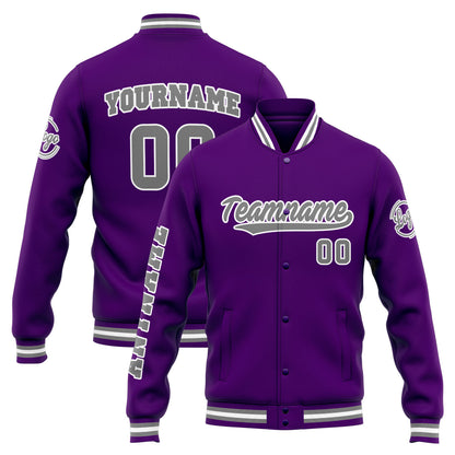 Benutzerdefinierte Varsity-Jacke. Letterman-Jacke für Männer, Frauen und Jugendliche Lila Grau