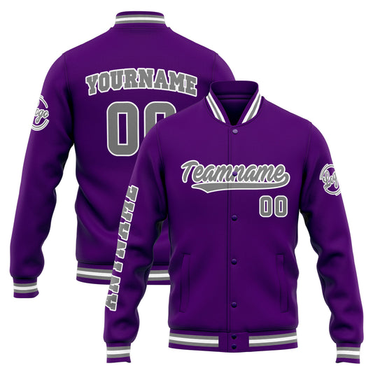 Benutzerdefinierte Varsity-Jacke. Letterman-Jacke für Männer, Frauen und Jugendliche Lila Grau