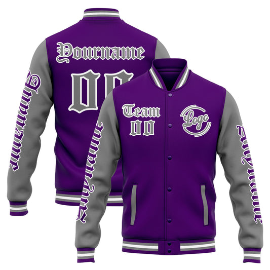 Benutzerdefinierte Varsity-Jacke. Letterman-Jacke für Männer, Frauen und Jugendliche Lila Grau
