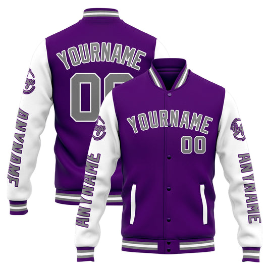 Benutzerdefinierte Varsity-Jacke. Letterman-Jacke für Männer, Frauen und Jugendliche Lila Weiß