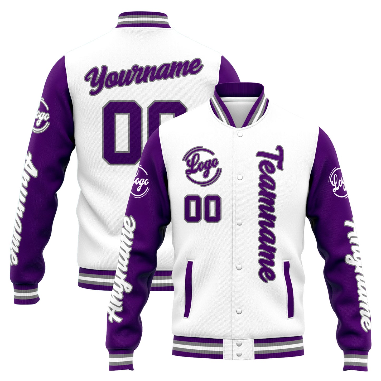 Benutzerdefinierte Varsity-Jacke. Letterman-Jacke für Männer, Frauen und Jugendliche  Weiß Lila